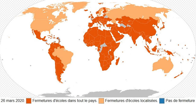 Carte du monde des fermetures des écoles (source : Wikipedia)